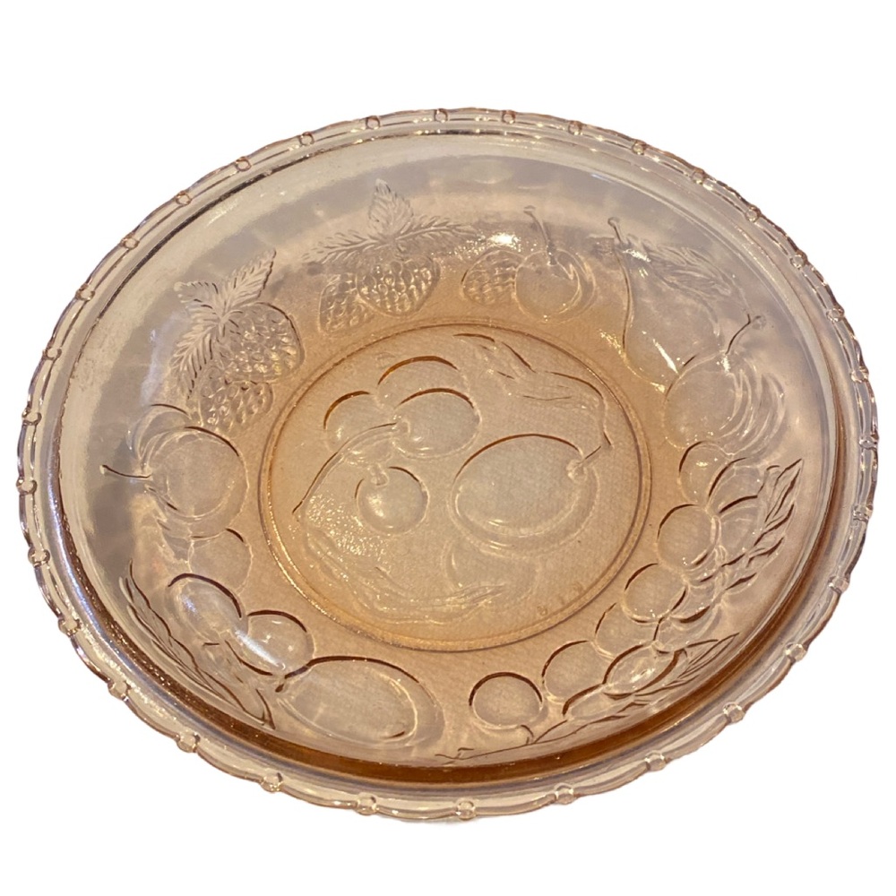 Vintage KIG Pink Depression Glass Pie Plate/Serving Dish with Fruit Embossing